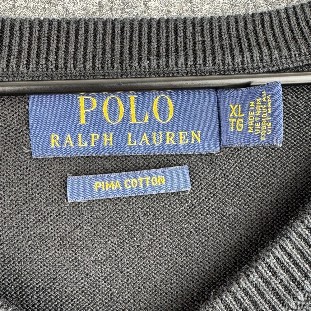 Polo Ralph Lauren Sweater Mens XL Black Pima Cotton V-neck Preppy Casual Ivy